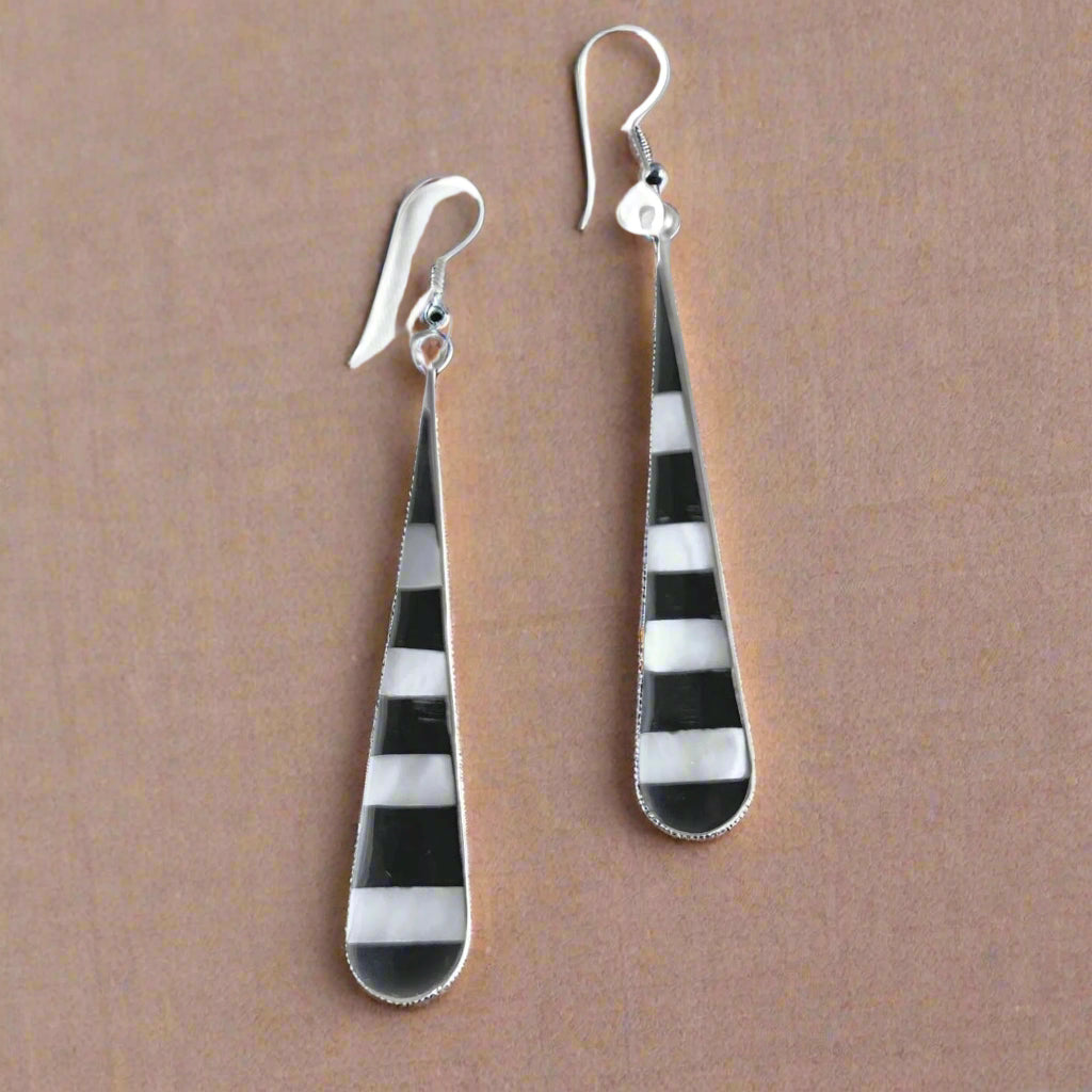 Taxco Silver Black Onyz & Abalone Zebra Long Teardrop Earrings