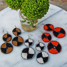 Load image into Gallery viewer, Maasai Bead Double Circle Dangle Earrings, Mango Orange and Black
