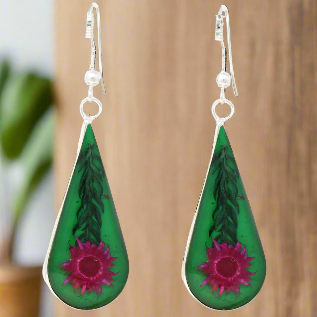 Pink Pressed Flower Teardrop Earrings